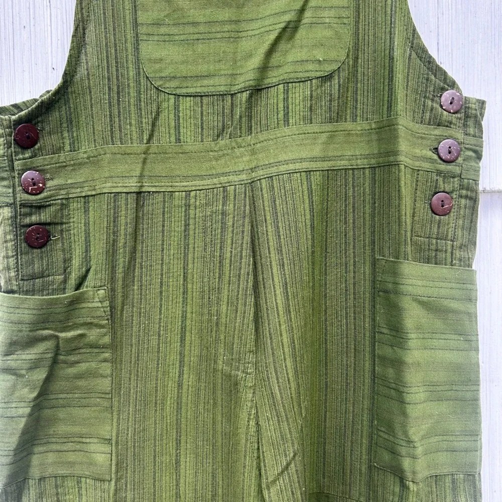 Earthbound Trading Co Olive Green Striped Patchwork Cotton Overalls‎ Small Boho - Picture 4 of 9